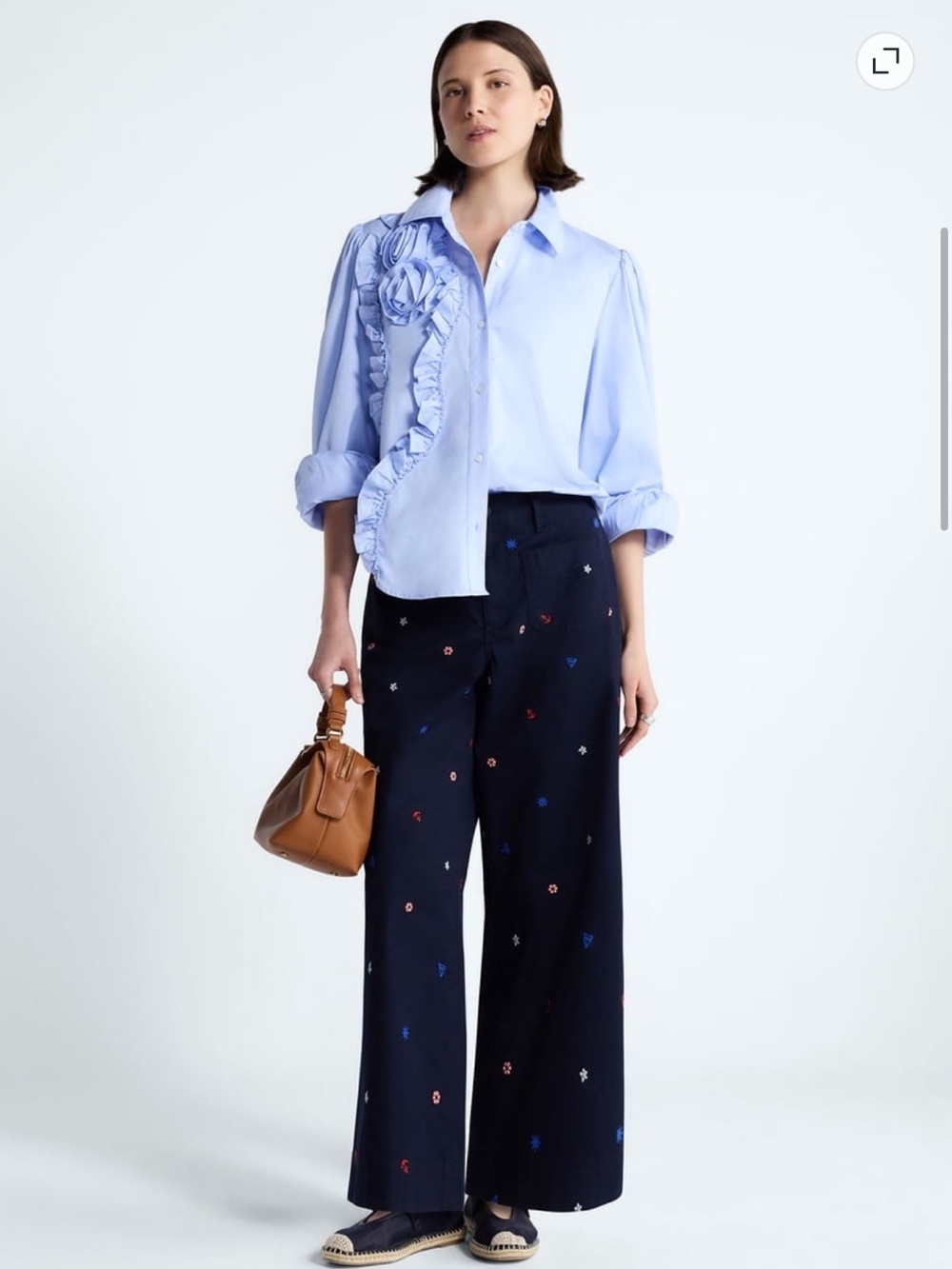 Navy Wide-Leg Embroidered Pants